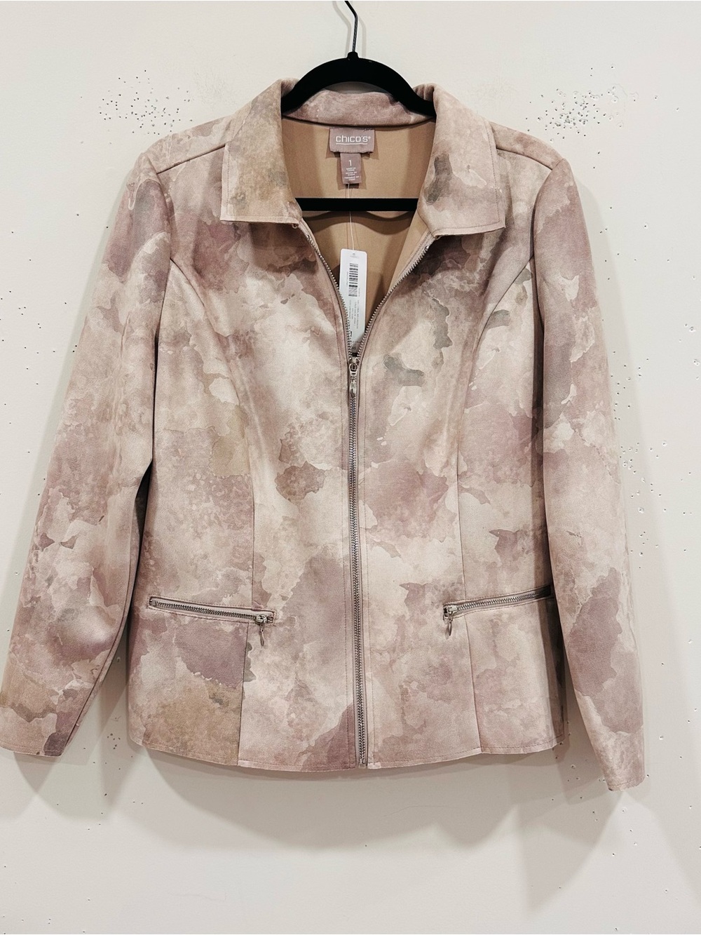 Chico's Faux Suede Jacket Soft Tonal Watercolor Zip Up Contemporary Taupe M NWT